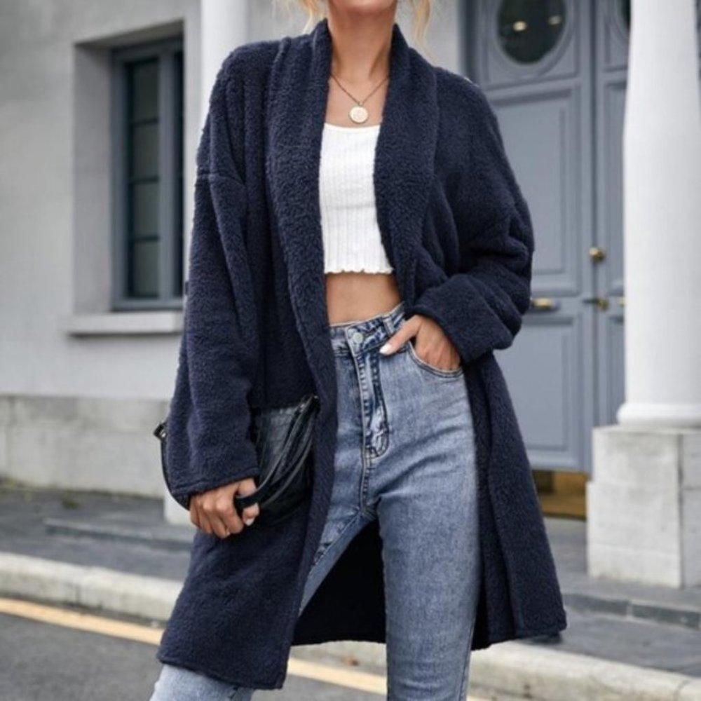 minimalist Blue teddy open front coat fall winter